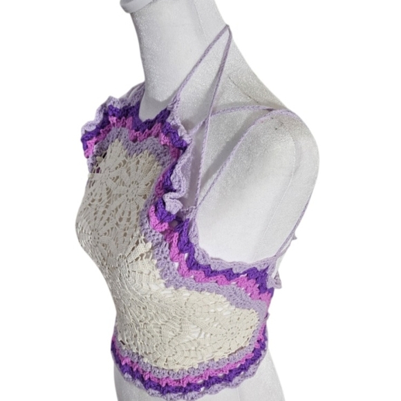Handmade White Crochet Halter Crop-Top Floral Hand Knit Triangular Shape Purple - Picture 4 of 17